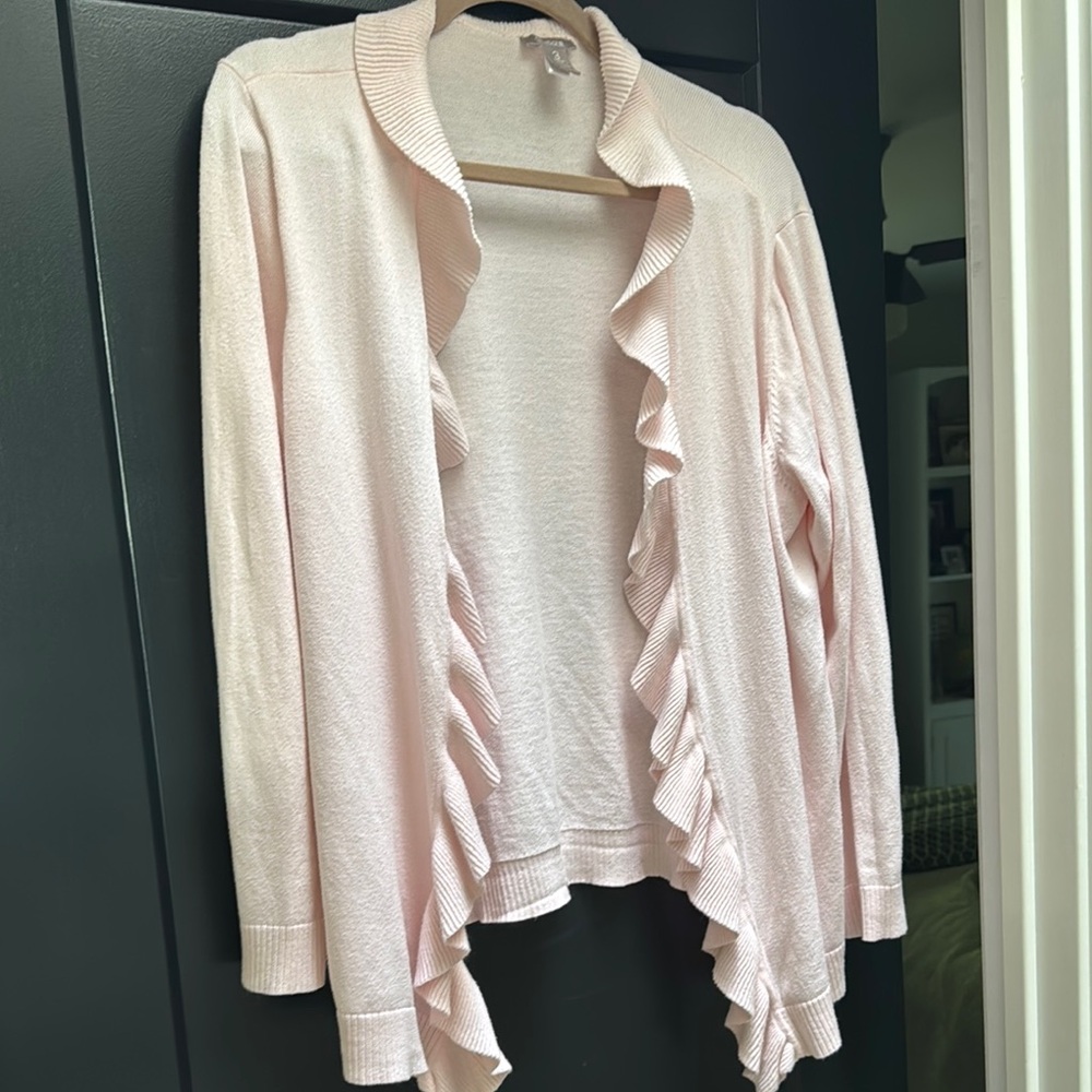 Chico's Pink Ruffled Cardigan Sweater